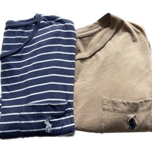 🏇 (2) POLO Ralph Lauren navy striped & cougar tan Pocket T-Shirts